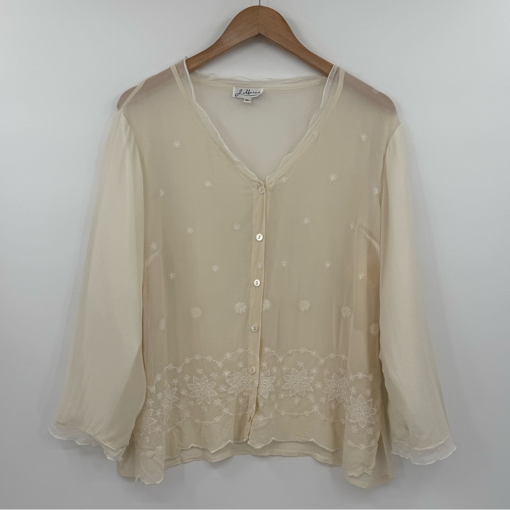 J. Marco Silk Sheer Embroidered Button Front Blouse in Ivory | Size XL